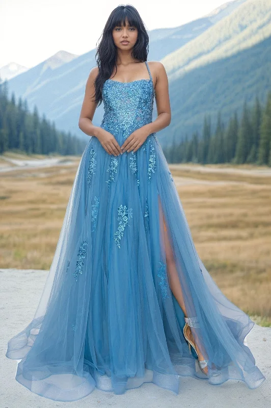 two-piece prom dressesFloral-Embroidered Long Tulle Prom Dress 8031J