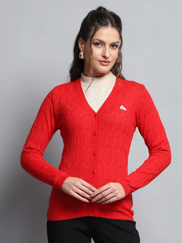 Affordable SweatersWomen Red Self Design V Neck Full Sleeve Cardigan