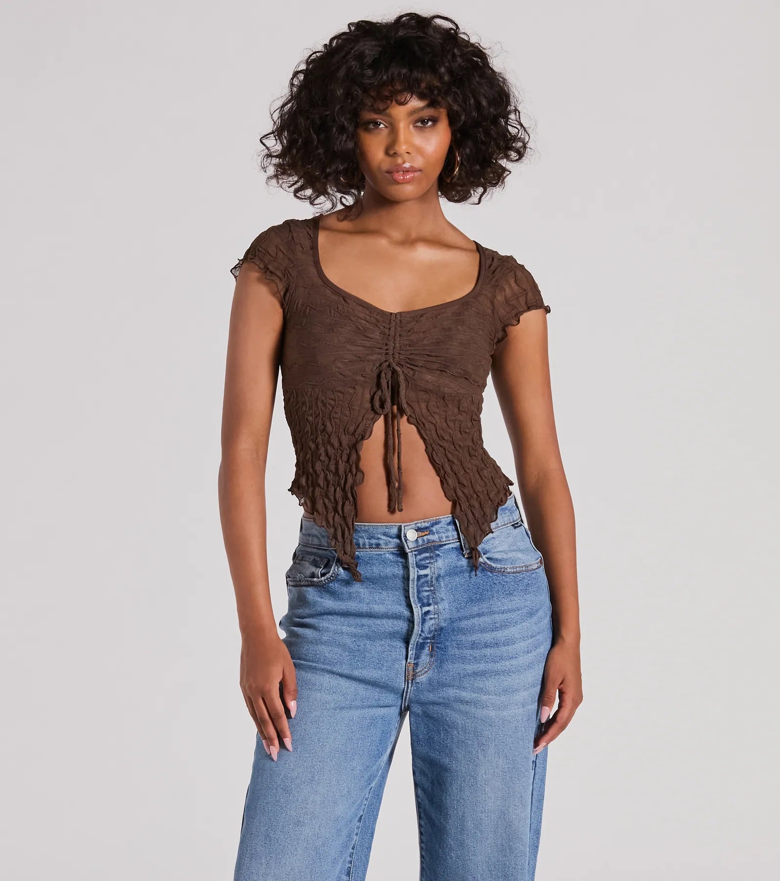 women's tops for fashion-conscious professionalsFlirty Expert Short Sleeve Slit Texture Crop Top