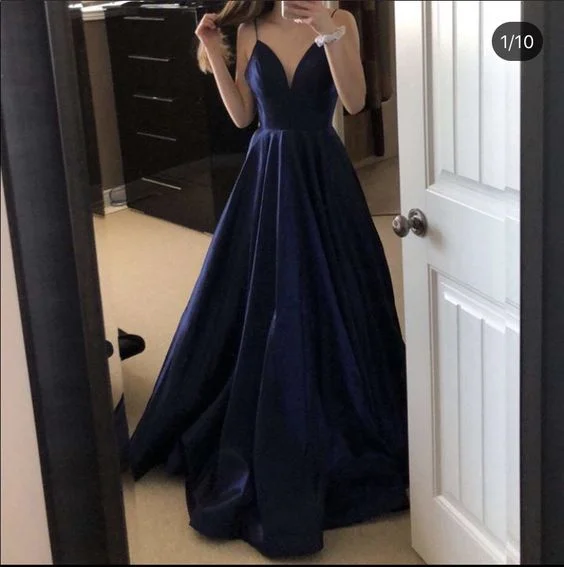 lace-up prom dressesA-line Spaghetti Straps Long Prom Dresses, Navy Blue Long Prom Dresses Y6777