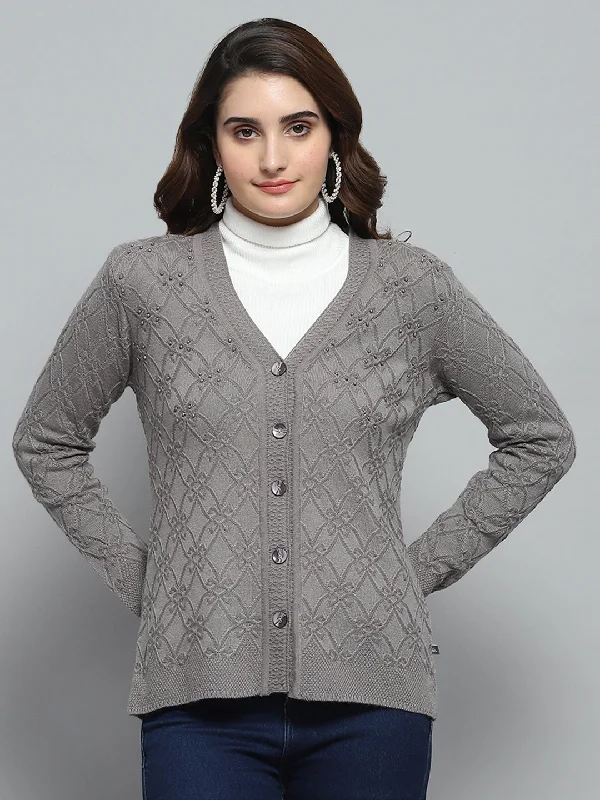 Fitted High-Quality Wool SweatersWomen Grey Self Design V Neck Full Sleeve Cardigan