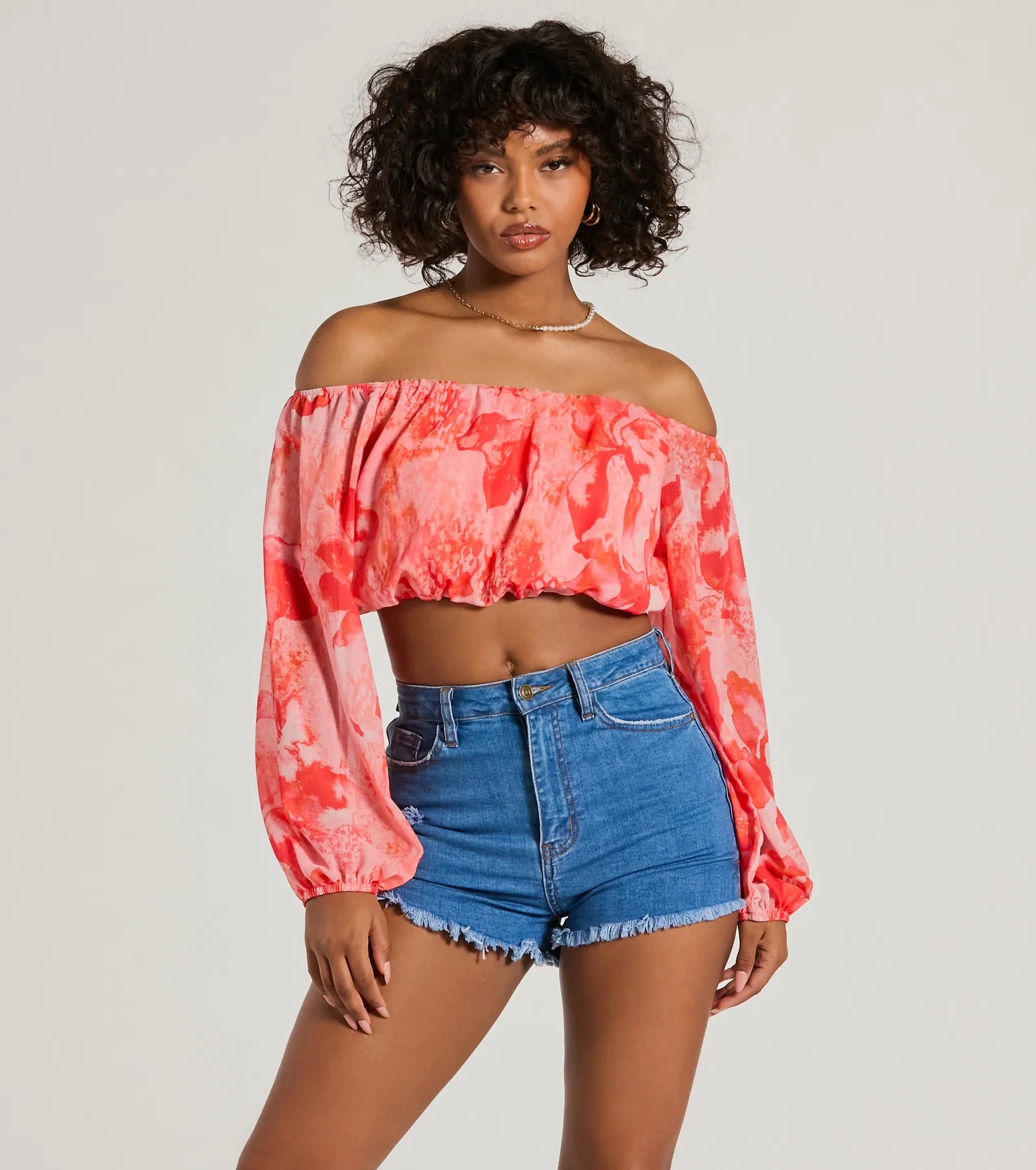 women's tops for those who love to experiment with fashionSunset Beauty Off-The-Shoulder Marble Chiffon Crop Top