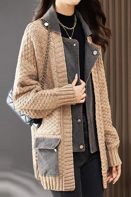 Knitted SweatersSpliced knitted cardigan coat