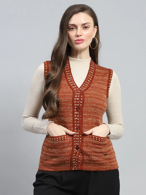 Stylish Flannel SweatersWomen Rust Stripe V Neck Sleeveless Cardigan