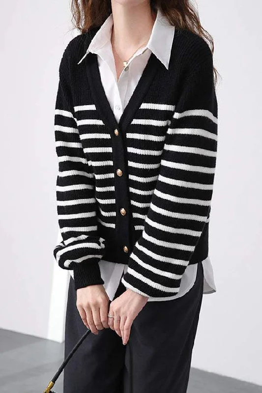 Vintage SweatersV-neck Panel Border Rib Cardigan - 2 Colors Available