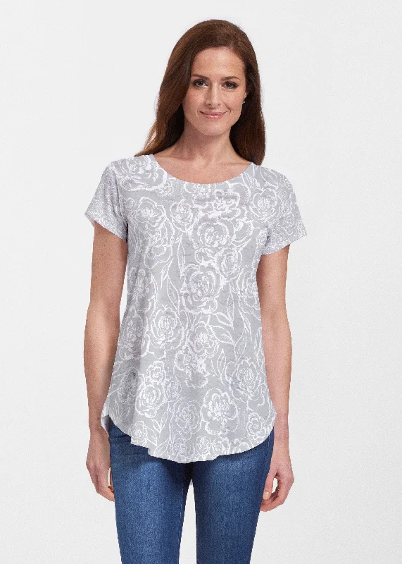 women's tops for those who value both quality and affordabilityFreehand Floral Grey (7605) ~ Signature Short Sleeve Scoop Neck Flowy Tunic