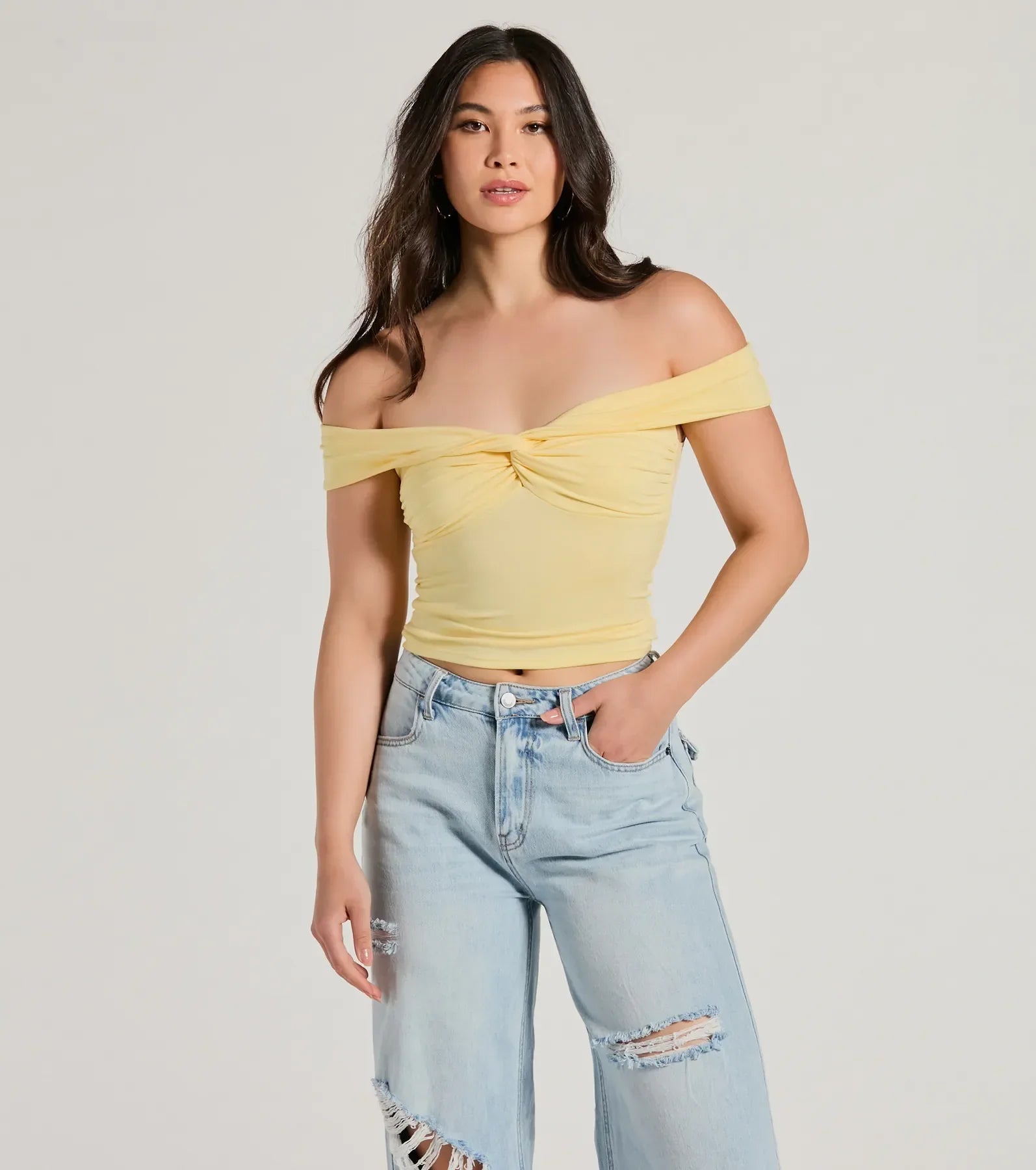 women's tops for summer festivalsTrendy Twist-Front Off-The-Shoulder Crop Top