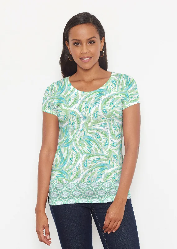 women's tops with cinched waistsCoastal Paisley Lace Green (7690) ~ Signature Short Sleeve Scoop Shirt