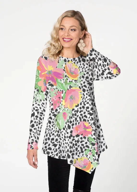 women's tops with cold-shoulder cutsSpring Leopard Floral (14225) ~ Asymmetrical French Terry Tunic