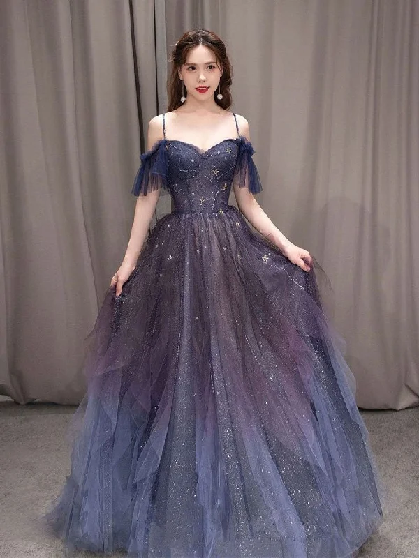 A-line prom dressesDark starry sky purple tulle long prom dress purple evening dress Y5847