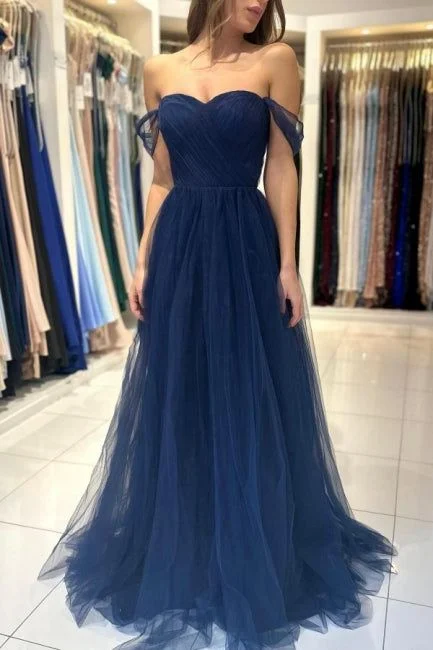 prom dresses for hourglass figuresElegant Long Navy Blue Off-the-shoulder A-line Sleeveless Prom Dress Y6767