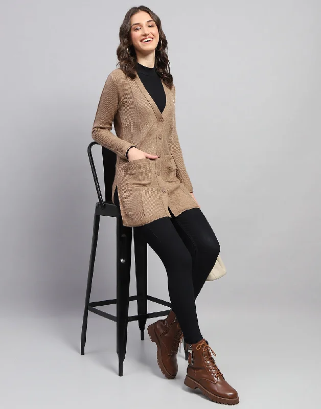 Soft Thick Cashmere SweatersWomen Brown Self Design V Neck Full Sleeve Cardigan