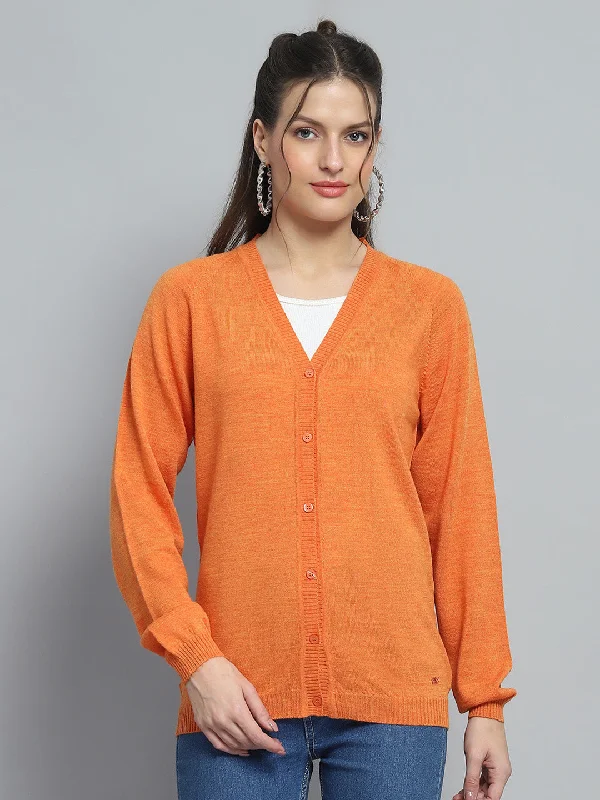 Cashmere Children's SweatersWomen Orange Solid V Neck Full Sleeve Cardigan