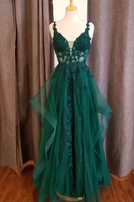 chiffon prom dressesHunter Green Flower Straps Deep V Neck Appliques Ruffles Long Prom Dress Y6810