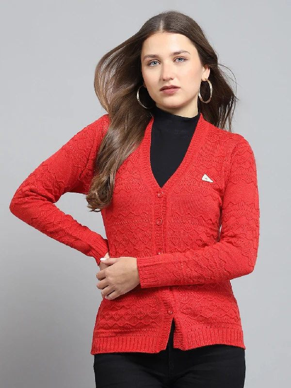 Funky SweatersWomen Red Self Design V Neck Full Sleeve Cardigan