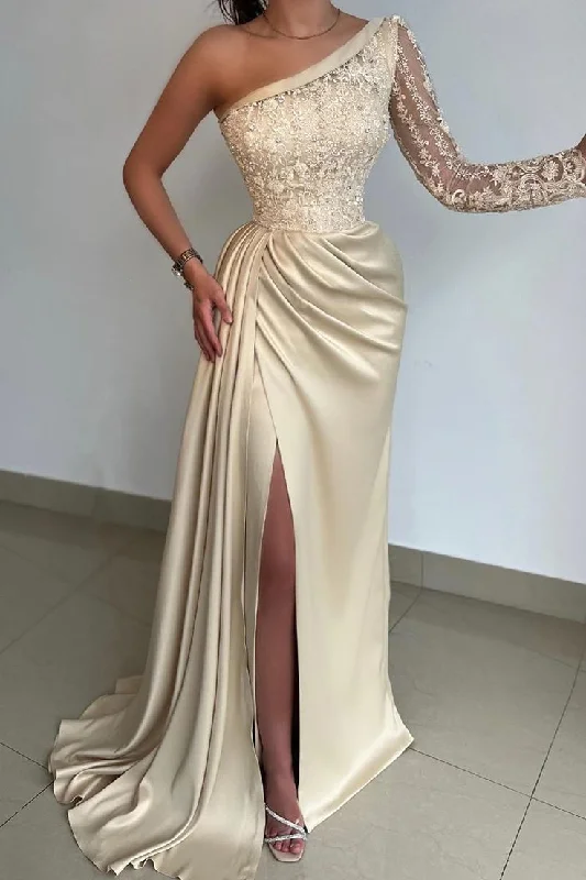 luxury prom dressesElegant One Shoulder Lace Long Sleeve Satin Prom Dress With Slit Y6636