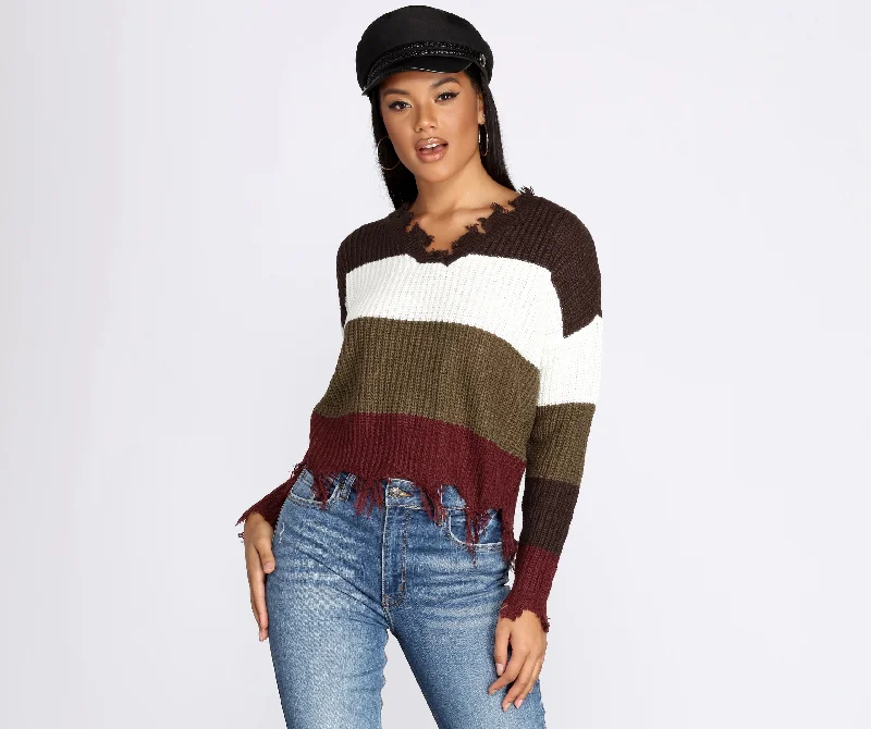 women's tops for those who love bold and vibrant colorsTattered Color-Block Pullover