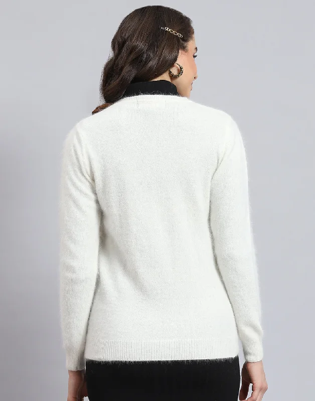 Quick-Dry Soft Knitted SweatersWomen White Solid Round Neck Full Sleeve Cardigan