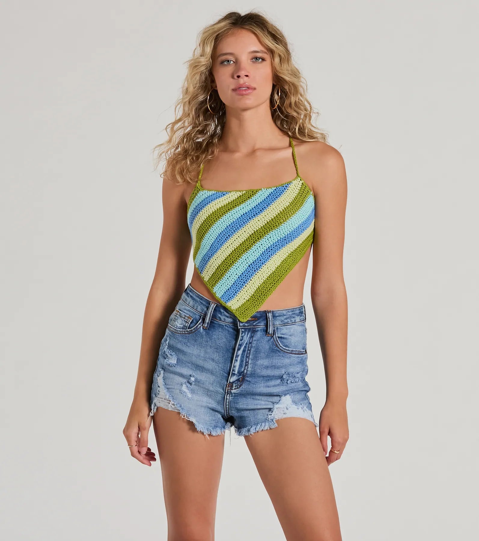 women's tops with cold-shoulder cutsKnit The Beach Striped Strappy Crochet Crop Top