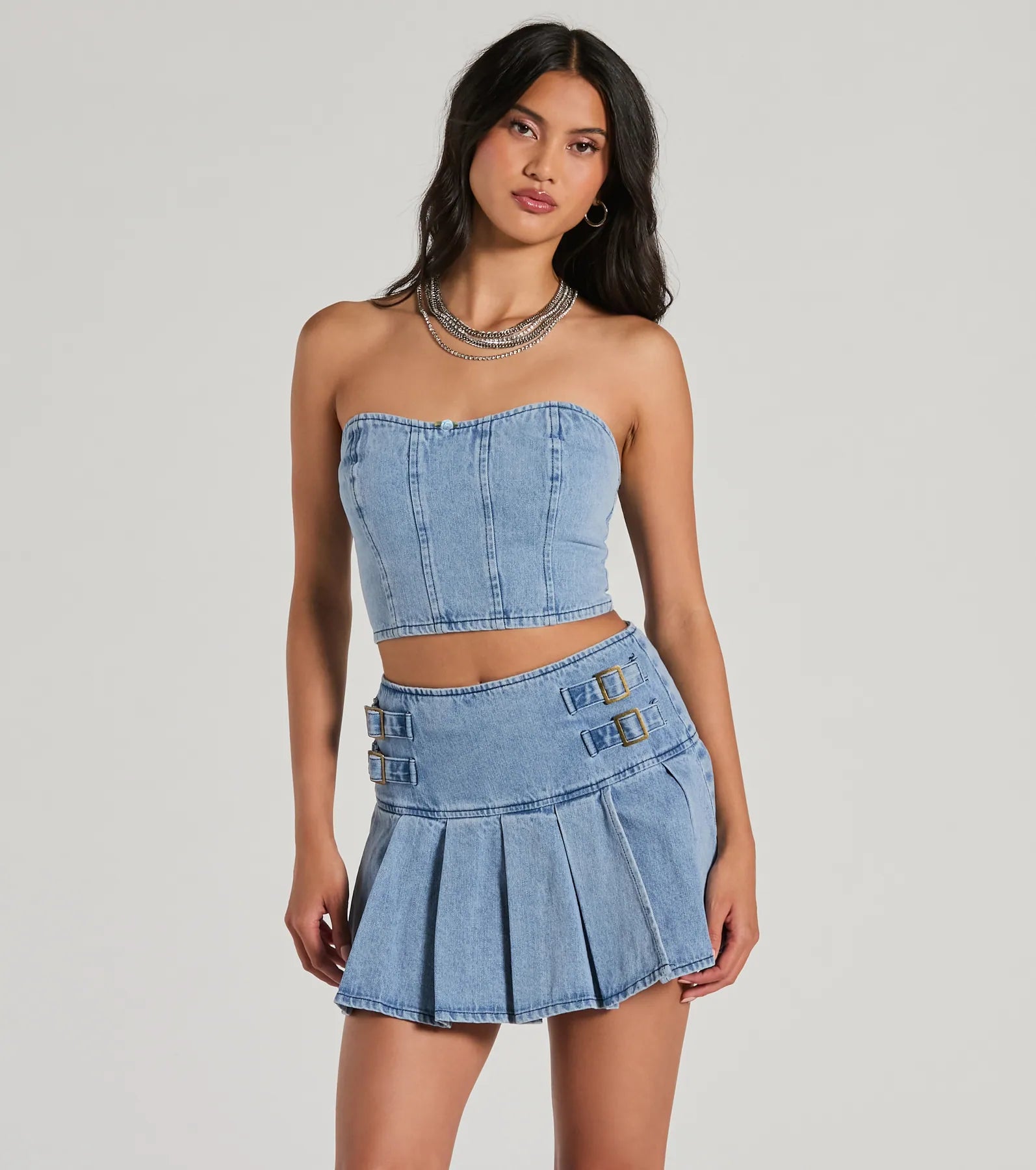 affordable women's topsFlirty Duo Strapless Sweetheart Denim Crop Top