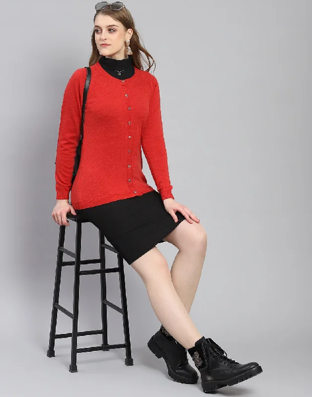 Dressy SweatersWomen Red Solid Round Neck Full Sleeve Cardigan