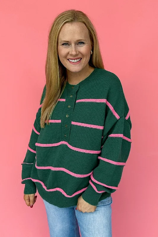 Hooded SweatersPink Striped Henley Button Down Hunter Green Sweater