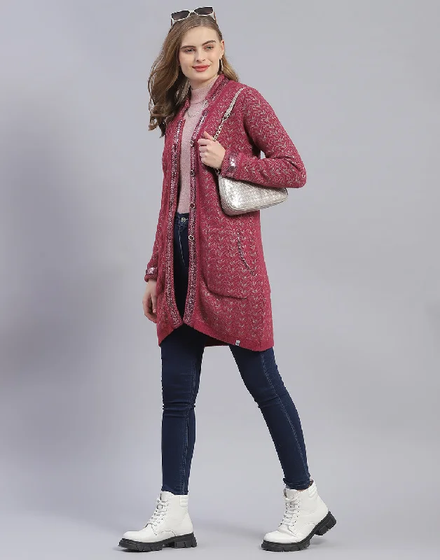 Dressy SweatersWomen Pink Jaquard V Neck Full Sleeve Cardigan