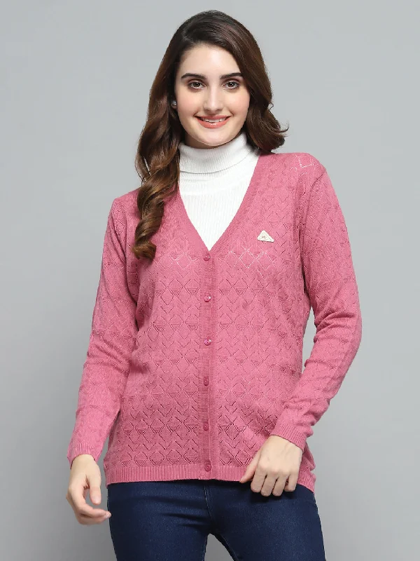 Extra-Large Flannel-Lined SweatersWomen Pink Self Design V Neck Full Sleeve Cardigan