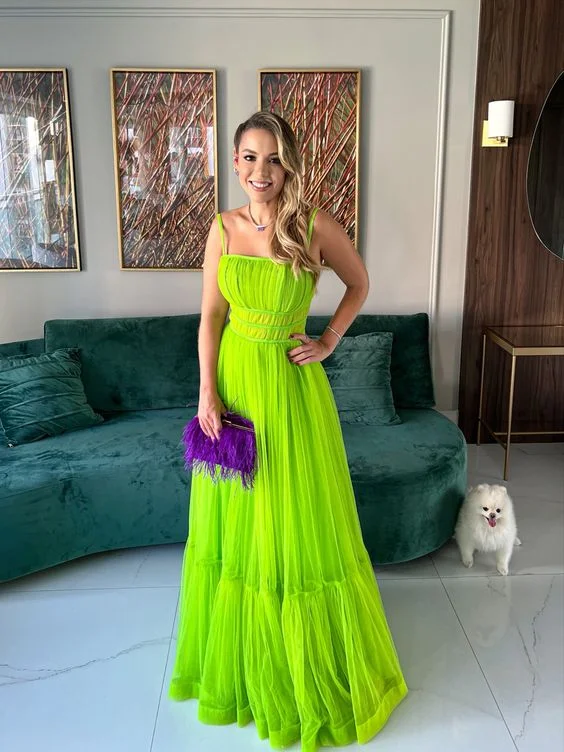 dark prom dressesGreen A-line Spaghetti Straps Tulle Prom Dress,Green Evening Dress  Y5595