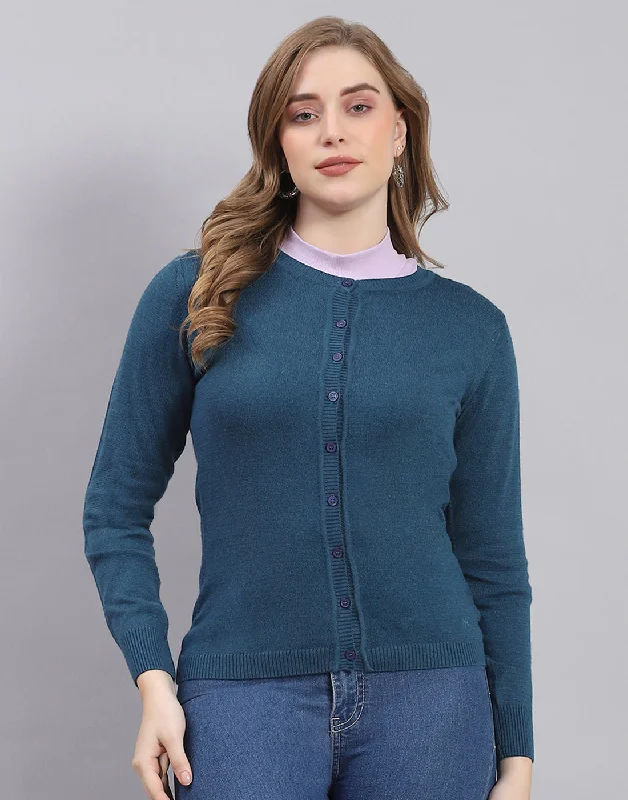 Retro Crewneck SweatersWomen Teal Blue Solid Round Neck Full Sleeve Sweater