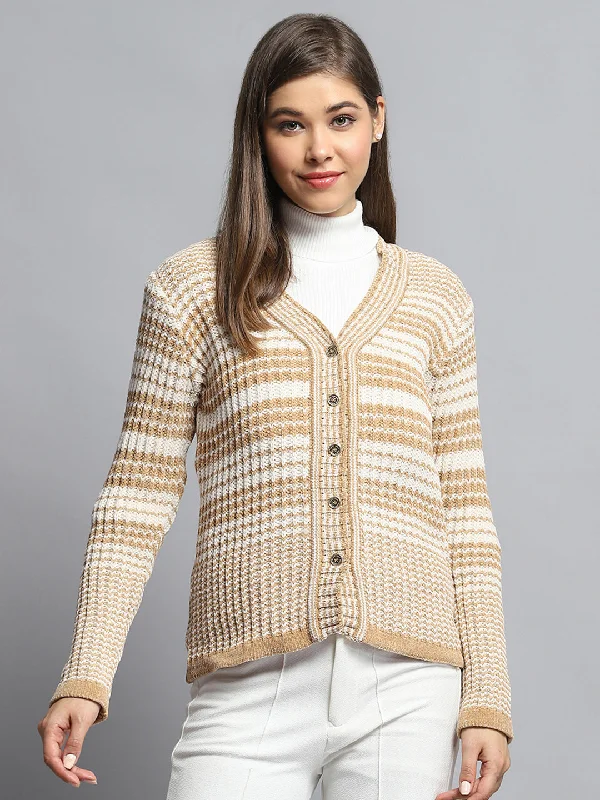 Wholesale Affordable Women's SweatersWomen Beige Stripe V Neck Full Sleeve Cardigan