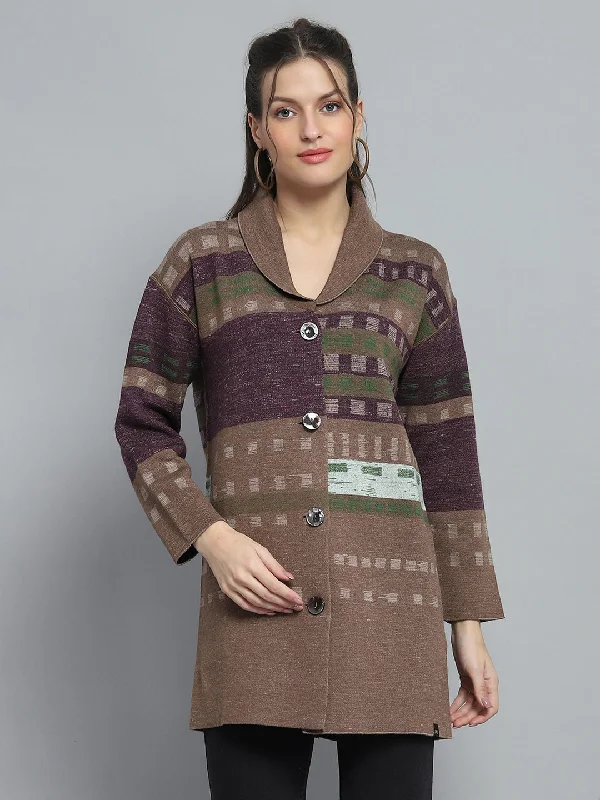 Quick-Dry Soft Knitted SweatersWomen Brown Self Design Collar Full Sleeve Cardigan