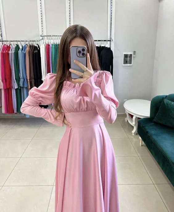 prom dress preservationPink A-line Long Sleeves Prom Dress,Pink Floor Length Dress Y6880