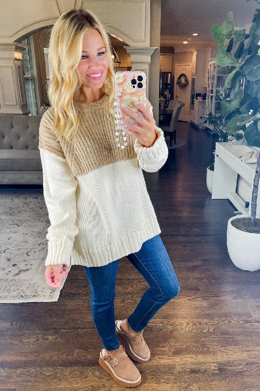 Soft SweatersCuffed Two Toned Neutral Colored Knit Sweater