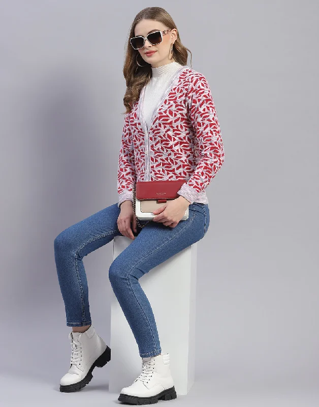 Casual SweatersWomen Pink Jaquard V Neck Full Sleeve Cardigan