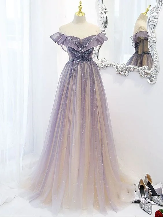 custom prom dressesPurple A-line Prom Dresses for Women Tulle Long Evening Dresses Y5838