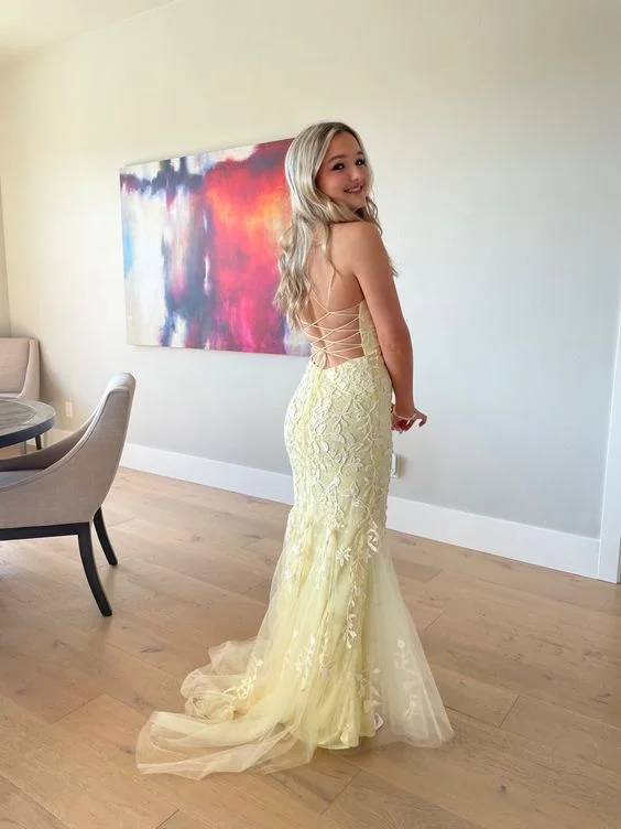 classic prom dressesElegant Yellow Backless Lace Prom Dress,Yellow Formal Gown Y7074