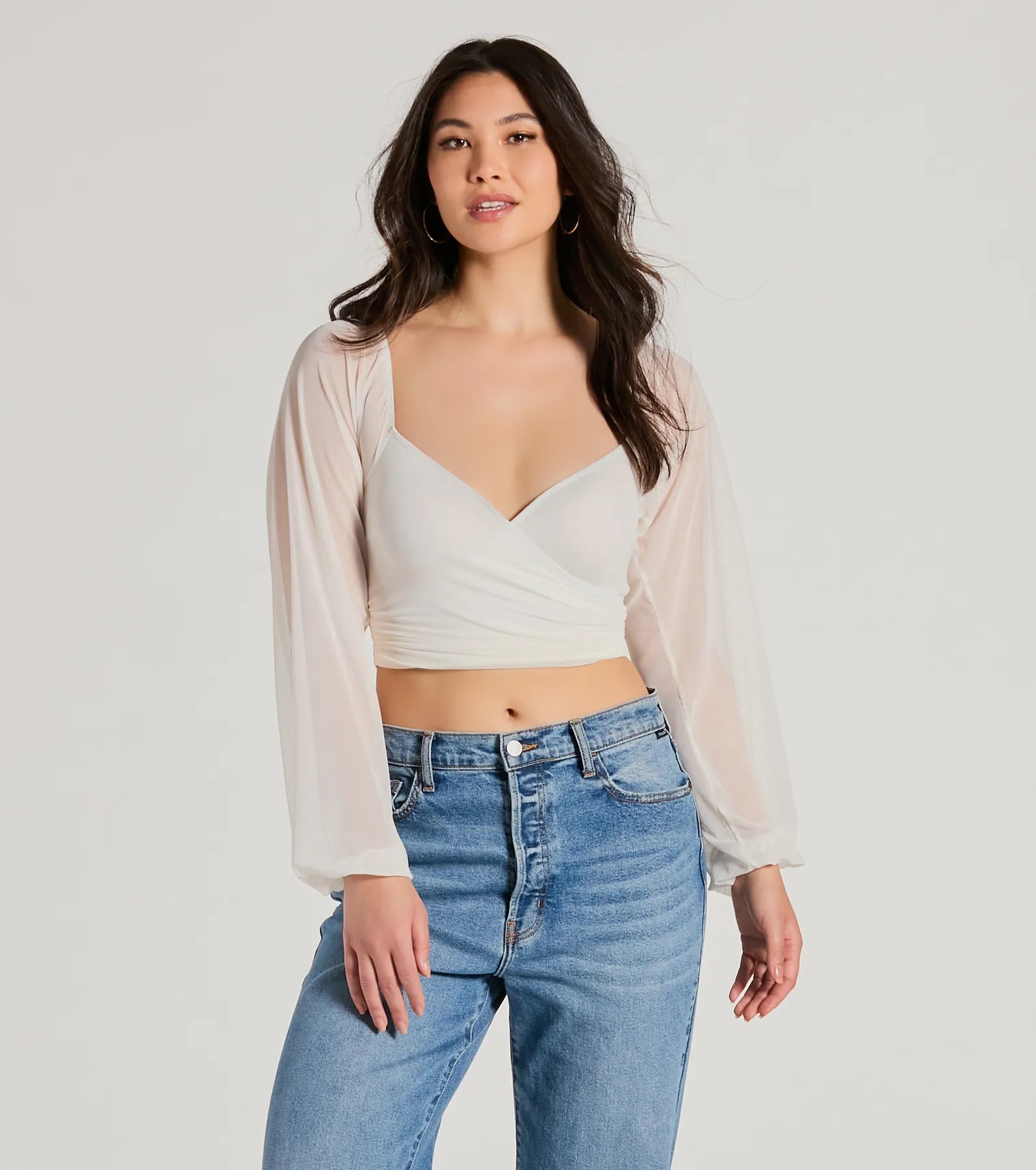 women's tops with cold-shoulder cuts and lace detailingAhead Of The Trend Surplice V-Neck Crop Top