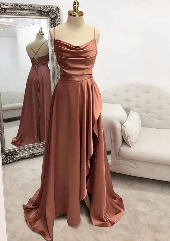 halter prom dressesA-line Bateau Spaghetti Straps Long/Floor-Length Satin Prom Dress With Pleated Split Y7039