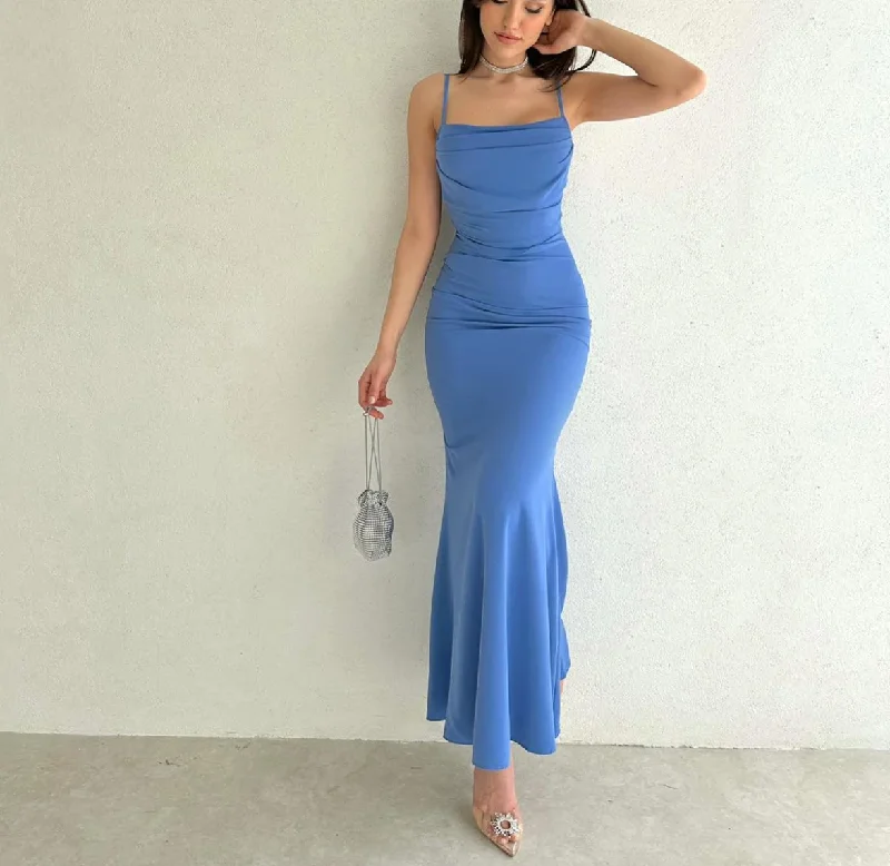 silk prom dressesElegant Spaghetti Straps Blue Mermaid Prom Dress Y6668