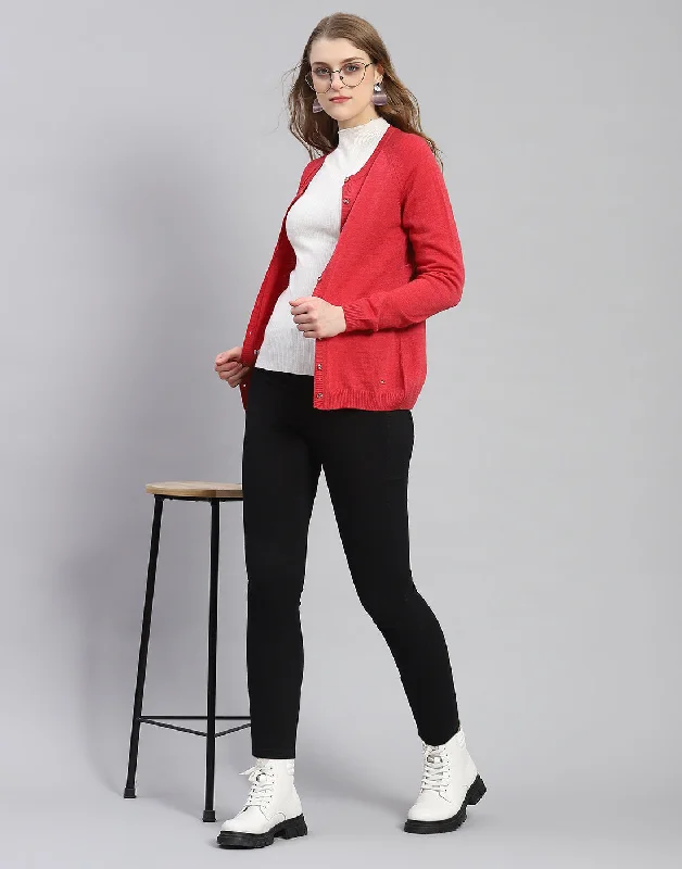 Casual SweatersWomen Red Solid Round Neck Full Sleeve Cardigan