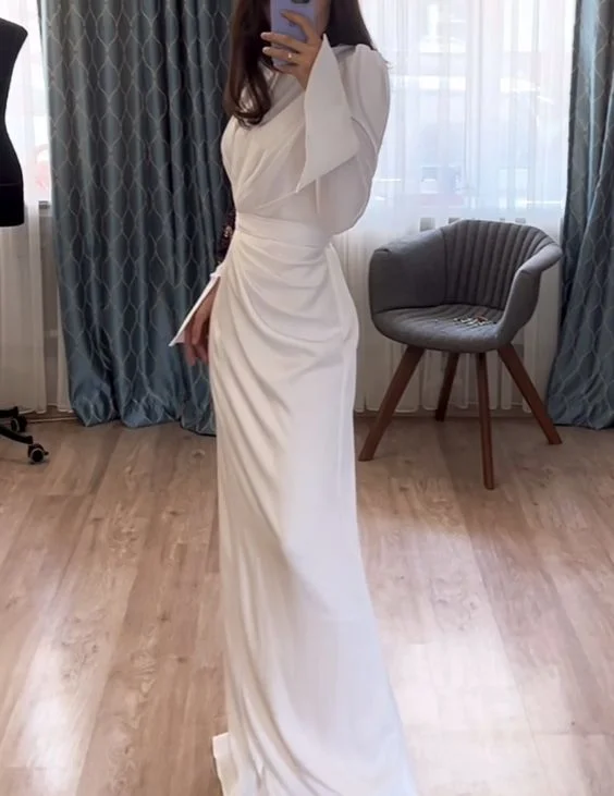 prom dresses with beaded accentsElegant White Sheath Long Sleeves Prom Dress Y6892