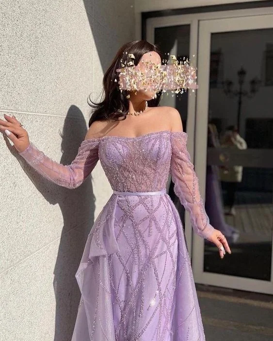 open-back prom dressesLilac Off-The-Shoulder Long Sleeves Tulle Prom Dress Mermaid With Beads Y6716