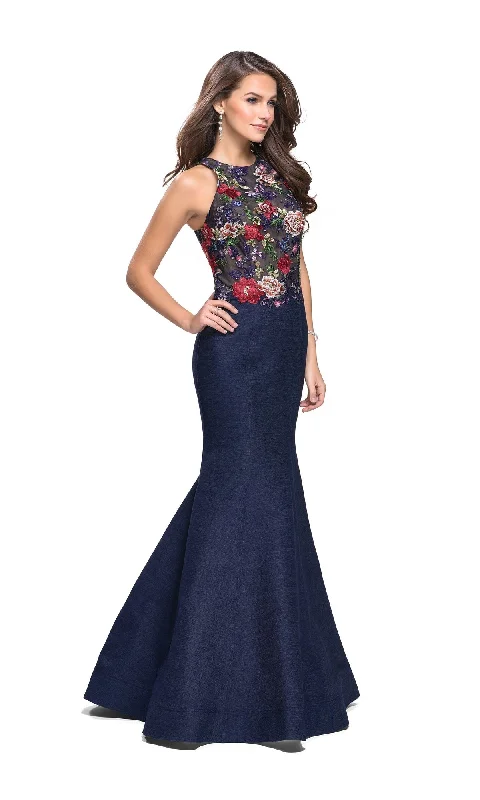 glamorous prom dressesLa Femme 25885 Navy Blue Long Prom Dress