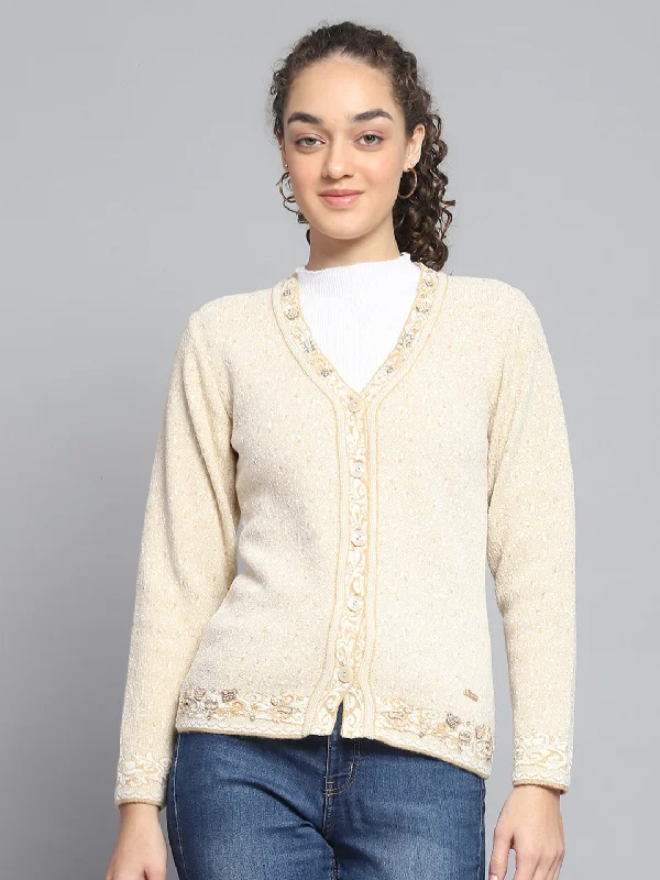 Extra-Large Knitted Crewneck SweatersWomen Beige Self Design V Neck Full Sleeve Cardigan