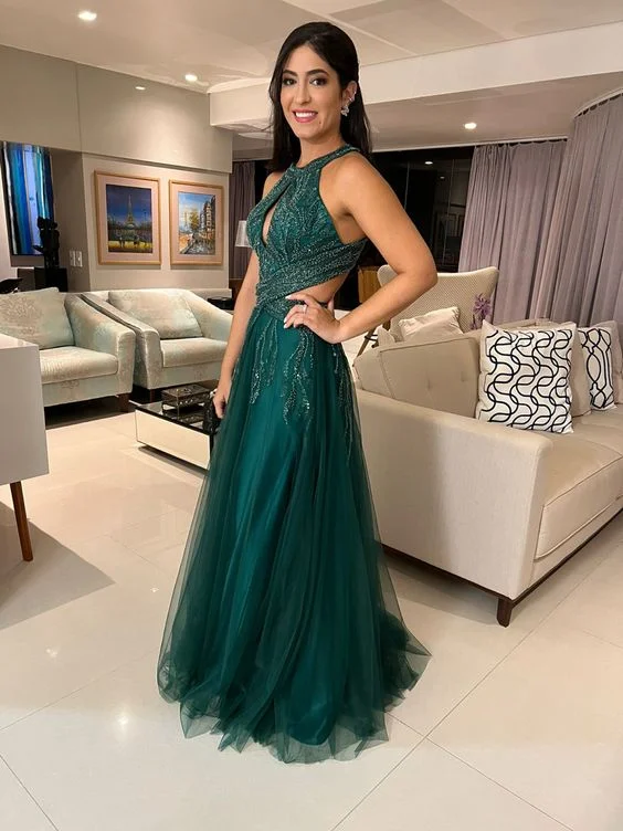 classic prom dressesGreen A-line Tulle Evening Dress,Green Prom Gown Y5650