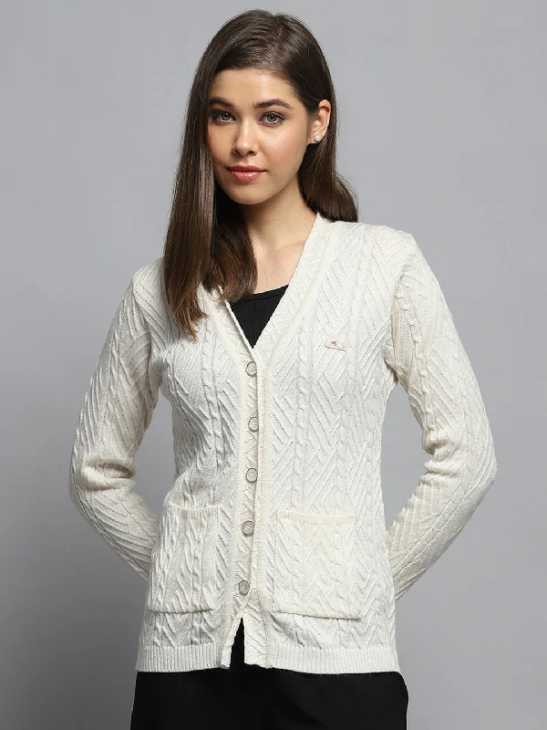 Flannel Knitted Crewneck SweatersWomen Off White Self Design V Neck Full Sleeve Cardigan