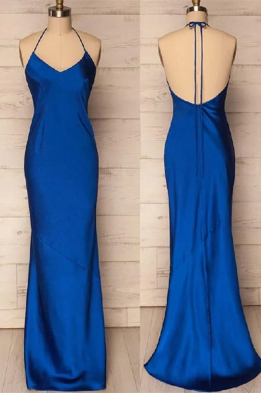 halter neck prom dressesMermaid Halter Satin Long Prom Dress Y7205