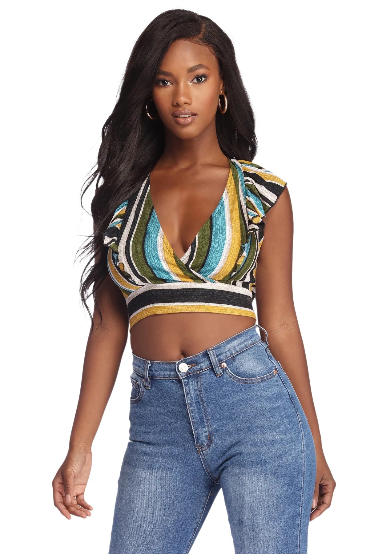 women's tops for those who love to dress up their casual looks with stylish topsColor Wave Ruffled Crop Top