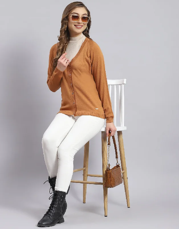 Cozy Embellished SweatersWomen Brown Solid V Neck Full Sleeve Sweater